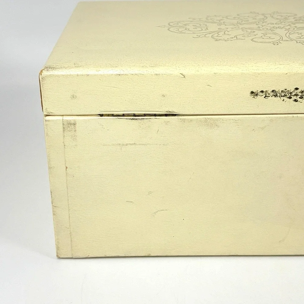 Vintage Jewelry Box Ivory Gold 3 Tier w/ Drawer Red Velvet Satin Lining 12x8